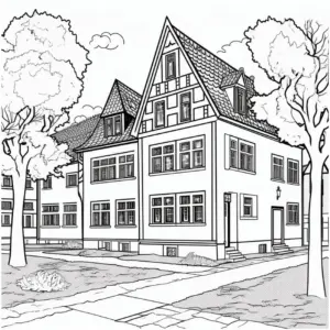 ausmalbild-mit-elegantem-gebaeude-und-garten