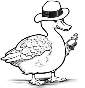 ausmalbild-mit-entdeckerente-im-hut-und-uhr