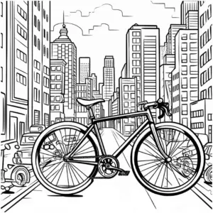 ausmalbild-mit-fahrrad-in-stadtlandschaft