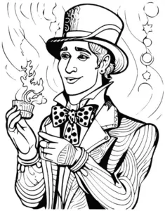 ausmalbild-mit-festlich-gekleideten-charakter-und-gebaeckstueck