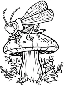 ausmalbild-mit-fröhlichem-insekt-auf-einem-pilz