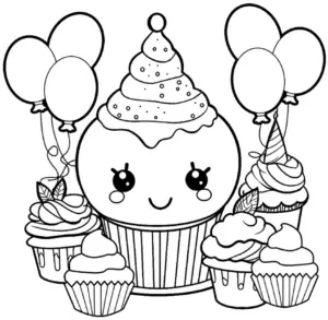 ausmalbild-mit-fröhlichen-cupcakes-und-ballons-für-geburtstagsfeier