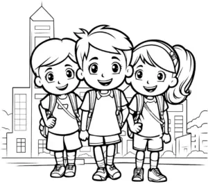 ausmalbild-mit-froehlichen-kindern-vor-stadtlandschaft