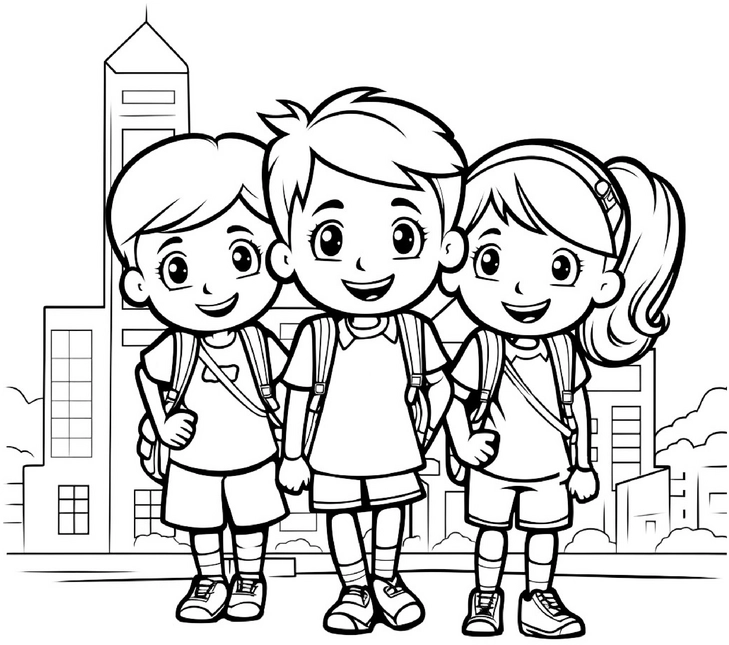ausmalbild-mit-froehlichen-kindern-vor-stadtlandschaft