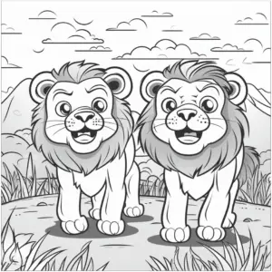 ausmalbild-mit-fröhlichen-löwen-in-der-natur