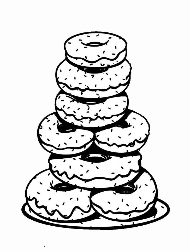 ausmalbild-mit-gestapelten-donuts-auf-einem-teller