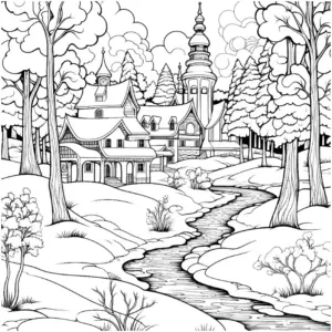 ausmalbild-mit-haeusern-am-bach-und-baeumen