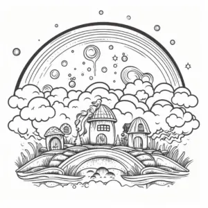 ausmalbild-mit-huegeln-haeusern-und-regenbogen
