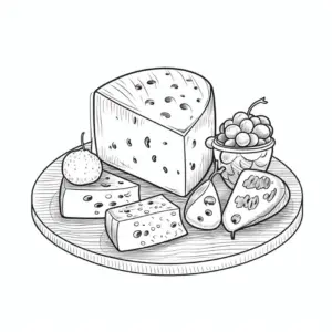 ausmalbild-mit-kaese-und-obst-auf-einem-holzbrett