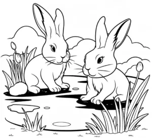ausmalbild-mit-kaninchen-am-teich-in-der-natur