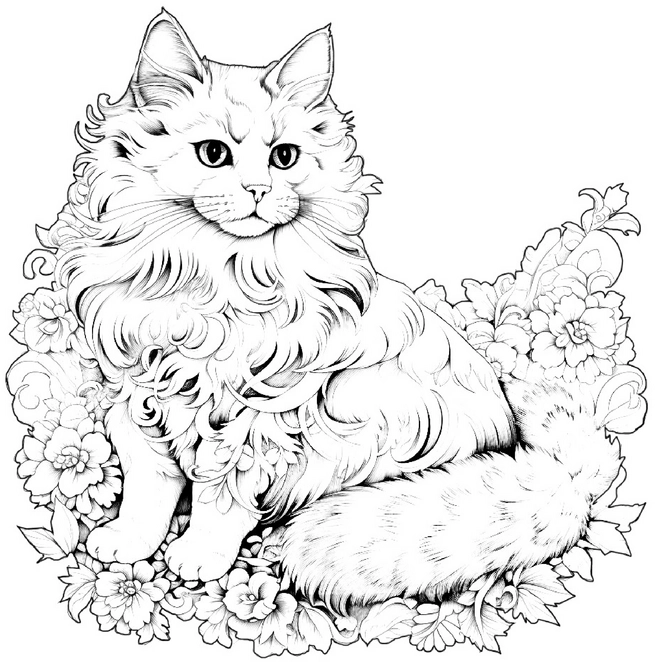 ausmalbild-mit-katze-und-blumen