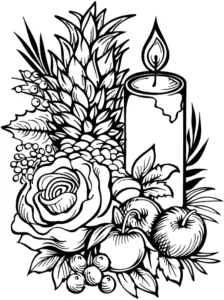 ausmalbild-mit-kerze-und-blumenarrangement
