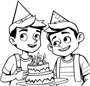 ausmalbild-mit-kindern-und-geburtstagstorte
