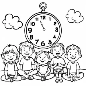 ausmalbild-mit-kindern-und-uhr