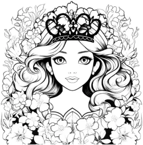 ausmalbild-mit-koenigin-und-blumenkranz