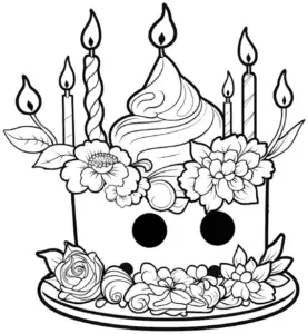 ausmalbild-mit-kuchen-und-blumen