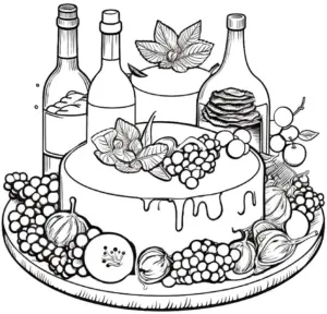 ausmalbild-mit-kuchen-und-getraenken