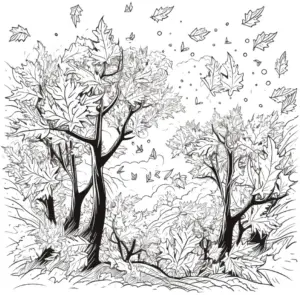 ausmalbild-mit-laubbäumen-und-herbstlichen-blättern