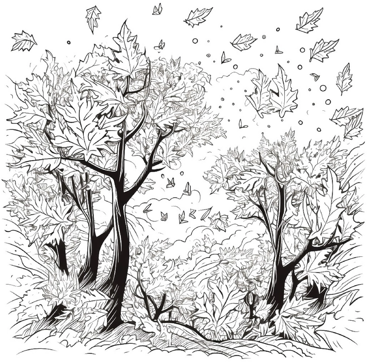 Ausmalbild Herbstliche Laubbäume mit fallenden Blättern