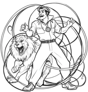 ausmalbild-mit-loewe-und-mann-in-pose