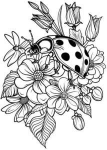ausmalbild-mit-marienkaefer-und-blumen-arrangement
