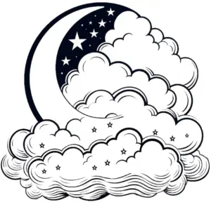 ausmalbild-mit-mond-und-wolken-im-naechlichen-himmel