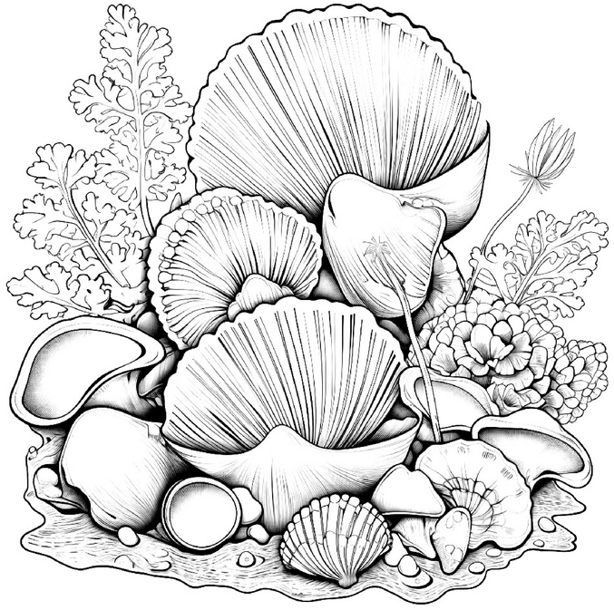 ausmalbild-mit-muscheln-und-pflanzen-unterwasserwelt