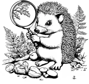 ausmalbild-mit-neugierigem-igel-und-lupe-in-der-natur