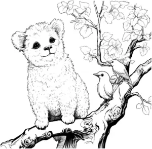 ausmalbild-mit-niedlichem-tier-auf-baum-und-vögeln