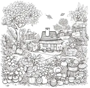 ausmalbild-mit-obst-und-laendlicher-landschaft