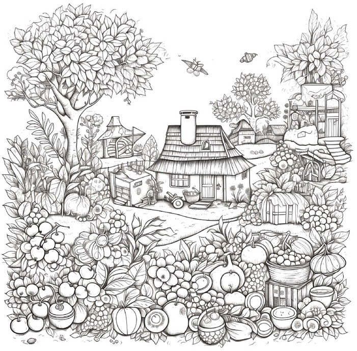 ausmalbild-mit-obst-und-laendlicher-landschaft