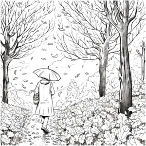 ausmalbild-mit-person-im-herbstwald-mit-regenschirm