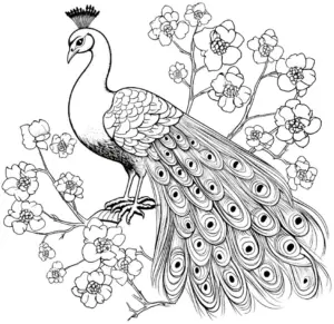 ausmalbild-mit-pfau-und-blumen