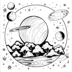 ausmalbild-mit-planeten-und-baeumen-im-weltall