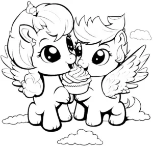 ausmalbild-mit-ponys-und-cupcake-in-wolken