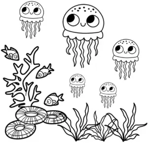 ausmalbild-mit-quallen-und-fischen-im-meer