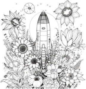 ausmalbild-mit-rakete-und-bunten-blumen