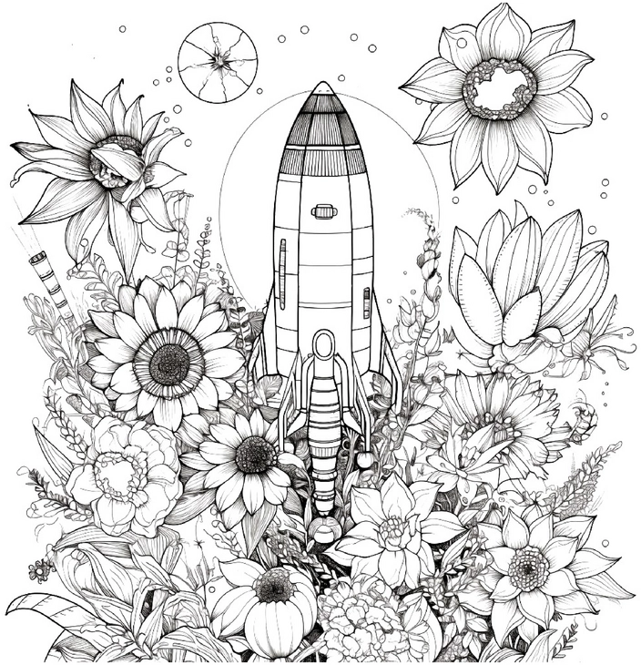 ausmalbild-mit-rakete-und-bunten-blumen