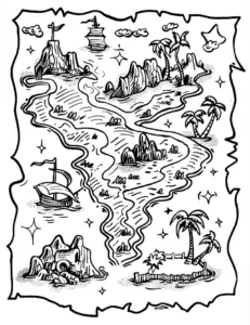 ausmalbild-mit-schatzkarte-und-piratenschiff