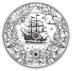 ausmalbild-mit-schiff-und-blumenmuster