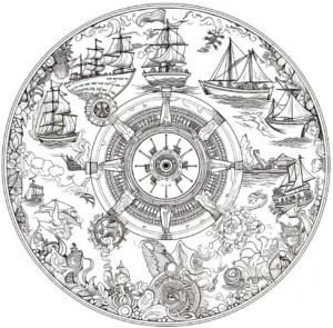 ausmalbild-mit-schiffen-und-steuerrad-im-mandala-stil