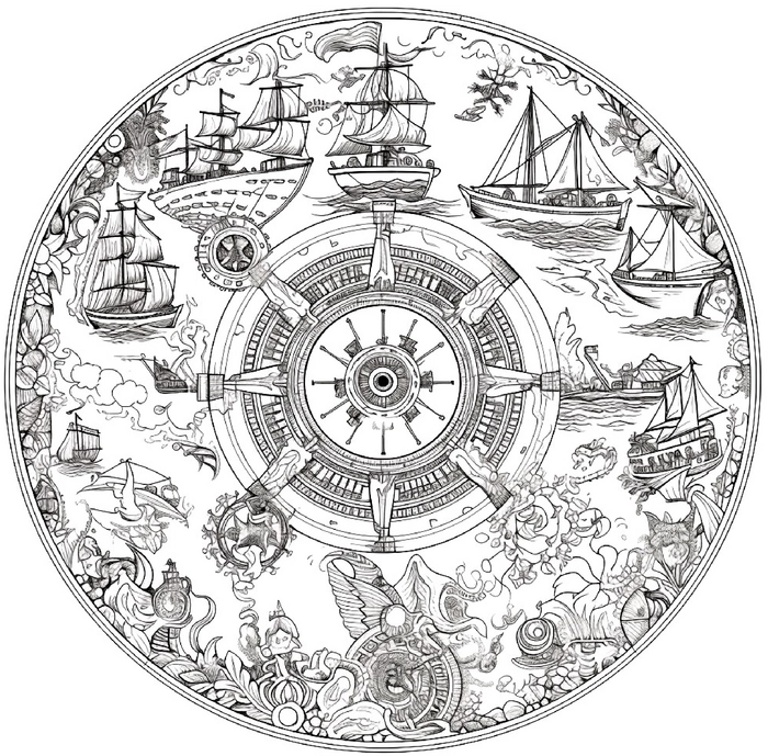 ausmalbild-mit-schiffen-und-steuerrad-im-mandala-stil