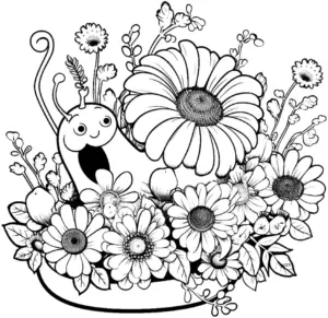 ausmalbild-mit-schnecke-und-bunten-blumen