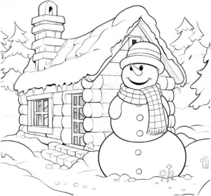 ausmalbild-mit-schneemann-vor-einer-holzhuette