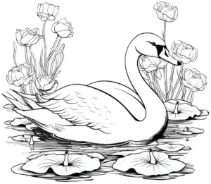 ausmalbild-mit-schwan-im-teich-und-blumen