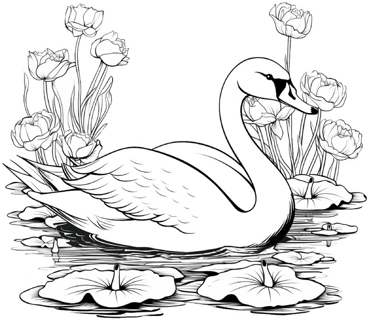 ausmalbild-mit-schwan-im-teich-und-blumen