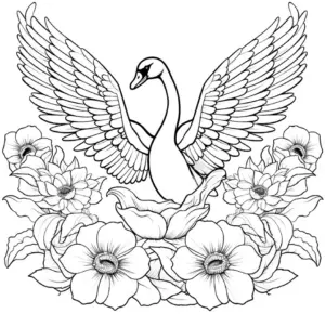 ausmalbild-mit-schwan-und-blumenmotiv