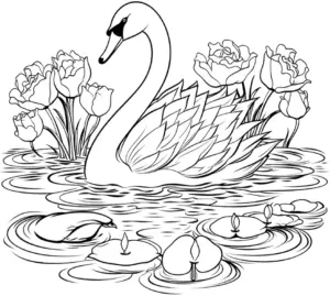 ausmalbild-mit-schwan-und-seerosen-im-blumenbeet