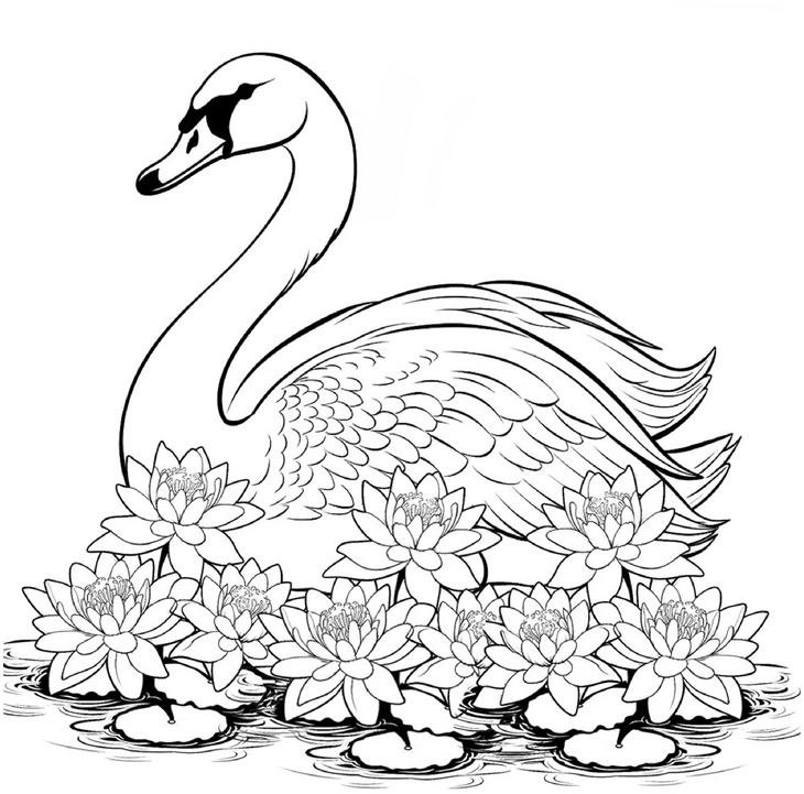 ausmalbild-mit-schwan-und-seerosen-im-wasser
