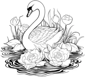 ausmalbild-mit-schwan-und-wasserpflanzen